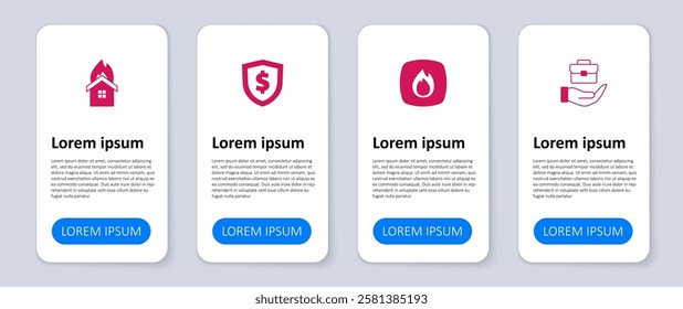 Set Hand holding briefcase, Fire flame, Shield with dollar and burning house. Business infographic template. Vector