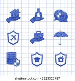Ponga mano con maletín, gorro de graduación con escudo, Casa, Paraguas, Dinero, Avión, Ubicación e icono de mano. Vector