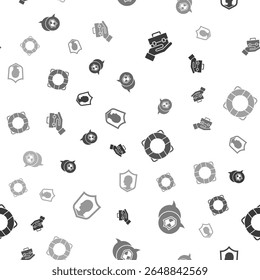 Set Hand holding briefcase, Location shield, Lifebuoy and insurance with on seamless pattern. Vector