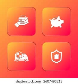 Set Hand holding briefcase, Piggy bank, Car with shield and House icon. Vector