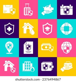 Set Hand holding briefcase, Shield with world globe, Lifebuoy, Piggy bank, House flood, Health insurance, Delivery security shield and Graduation cap icon. Vector