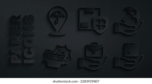 Set Hand halten Aktentasche, Regenschirmhand, Autounfall, Lieferversicherung, Sicherheit mit Schild und Symbol. Vektorgrafik