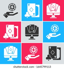 Set Hand holding casino chips, Playing card with diamonds and Online poker table game icon. Vector