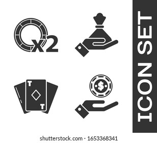 Set Hand holding casino chips, Casino chips, Playing card with diamonds and Hand holding money bag icon. Vector