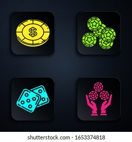 Set Hand holding casino chips, Casino chip with dollar symbol, Game dice and Casino chips. Black square button. Vector