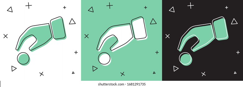 Set Hand holding casino chips icon isolated on white and green, black background. Casino gambling.  Vector Illustration