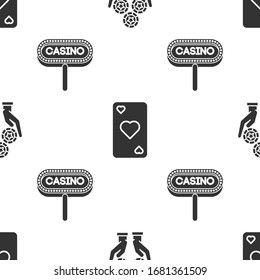 Set Hand holding casino chips, Playing card with heart symbol and Casino signboard on seamless pattern. Vector