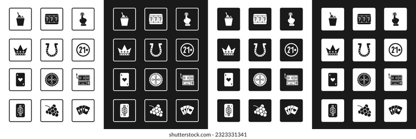 Set Hand holding casino chips, Horseshoe, King playing card, Champagne ice bucket, 21 plus, Slot machine with lucky sevens,  and Playing heart icon. Vector
