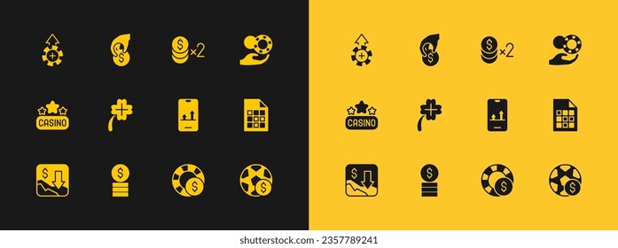 Set Hand holding casino chips, Casino with dollar, Online sports betting, slot machine clover,  and  icon. Vector