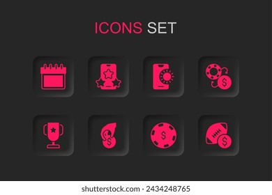 Set Hand holding casino chips, Online sports betting, Calendar, Casino with dollar, exchange, American football money,  and poker trophy cup icon. Vector