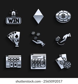 Set Hand holding casino chips, Online slot machine with lucky sevens jackpot, Casino playing cards, Human hand throwing game dice, poker table, dollar symbol and  icon. Vector