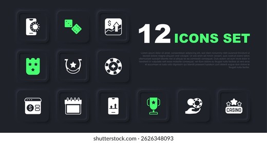 Set Hand holding casino chips, Casino signboard, Horseshoe, poker trophy cup, Lottery ticket, Calendar, Game dice and Online sports betting icon. Vector