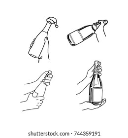 set hand holding champagne bottle vector illustration doodle hand drawn isolated on white background