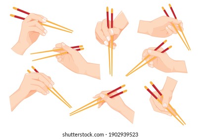 Set of Hand holding chopsticks Vector illustration 