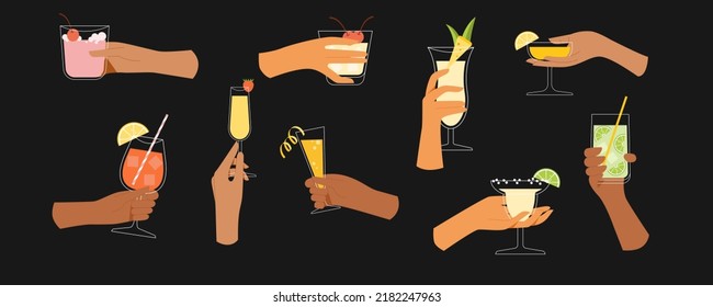 Set hand holding cocktail cheers and drinking toast. Glasses with alcohol isolated. People celebrating in summer with cold drinks. Concept of spending weekend outdoors. Vector flat design.