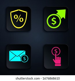 Set Hand holding coin, Loan percent, Envelope with coin dollar and Financial growth and coin. Black square button. Vector