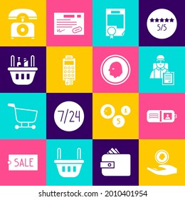 Set Hand holding coin money, Wallet, Delivery man with cardboard boxes, Certificate template, POS terminal credit, Shopping basket food, Telephone and Coin icon. Vector