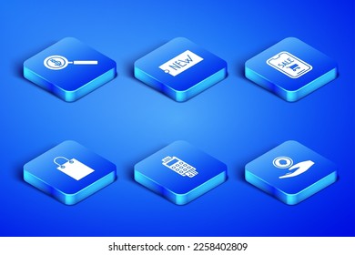 Set Hand holding coin money, Magnifying glass dollar, POS terminal with credit card, Paper shopping bag, Price tag text New and Mobile phone cart icon. Vector