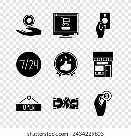 Set Hand holding coin money, Shopping cart computer, Hanging sign with Open, Crumpled paper cash, Clock 24 hours and Consumer or customer product rating icon. Vector