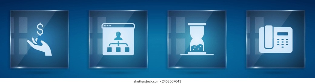 Set Hand holding coin money, Online education, Old hourglass with sand and Telephone 24 hours support. Square glass panels. Vector