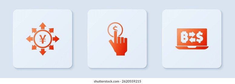 Set Hand holding coin, Coin money with Yen and Cryptocurrency exchange. White square button. Vector