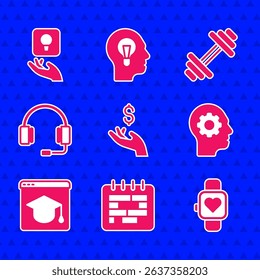 Set Hand holding coin money, Calendar, Smart watch, Human head with gear inside, Online education, Headphones, Dumbbell and Light bulb icon. Vector