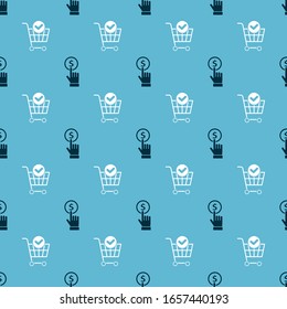Set Hand holding coin and Shopping cart with check mark on seamless pattern. Vector