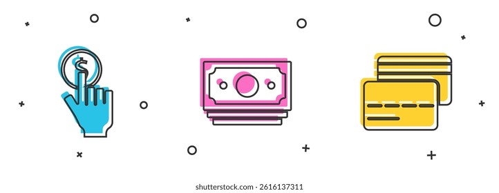 Set Hand holding coin, Stacks paper money cash and Credit card icon. Vector
