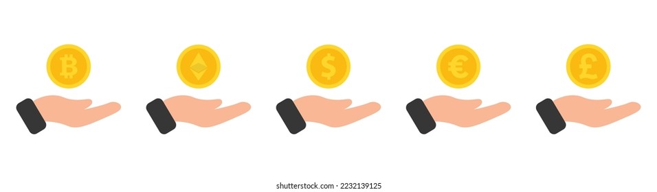 Set Of Hand holding coins icon.,Bitcoin,Ethereum,Dollar Euro,Pound. Vector Illustration
