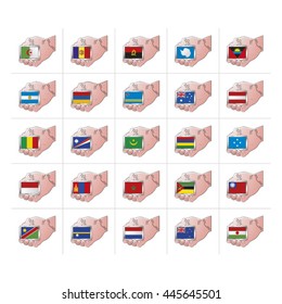 set of hand holding colored 25 national flags-vector drawing