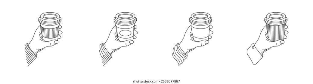 Set of hand holding a cup of coffee. Different designs for coffee shops. Hand with coffee. Set of different cups for coffee. Vector illustration.