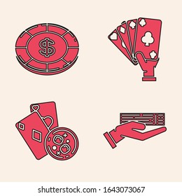 Set Hand holding deck of playing cards, Casino chip with dollar symbol, Hand holding playing cards and Playing cards and glass of whiskey with ice cubes icon. Vector
