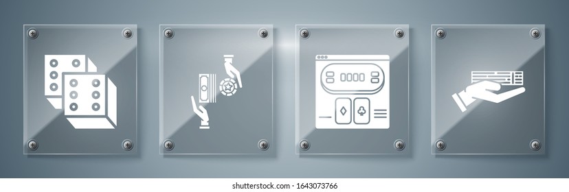 Set Hand holding deck of playing cards, Online poker table game, Casino chips exchange on stacks of dollars and Game dice. Square glass panels. Vector