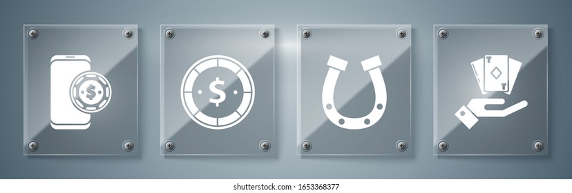Set Hand holding deck of playing cards, Horseshoe, Casino chip with dollar and Online poker table game. Square glass panels. Vector