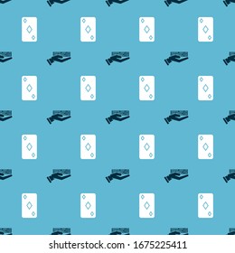 Set Hand holding deck of playing cards and Playing card with diamonds symbol on seamless pattern. Vector