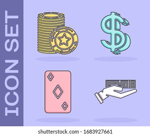 Set Hand con una baraja de cartas de juego, fichas del Casino, carta de juego con símbolo de diamantes y símbolo del dólar. Vector
