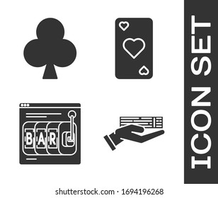 Set Hand holding deck of playing cards, Playing card with clubs symbol, Online slot machine and Playing card with heart symbol icon. Vector