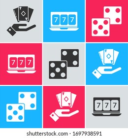 Set Hand holding deck of playing cards, Online slot machine with lucky sevens jackpot and Game dice icon. Vector