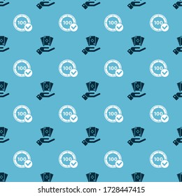Set Hand holding deck of playing cards and Casino chips on seamless pattern. Vector