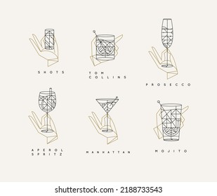 Set of hand holding drink glasses aperol spritz, shot, tom collins, manhattan, mojito, prosecco in art deco style.