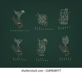 Set Of Hand Holding Drink Glasses Margarita, Old Fashioned, Bloody Mary, Pina Colada, Aperol Spritz, Dirty Martini In Art Deco Style On Green Background.