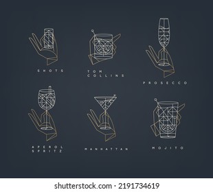 Set of hand holding drink glasses aperol spritz, shot, tom collins, manhattan, mojito, prosecco in art deco style on blue background.