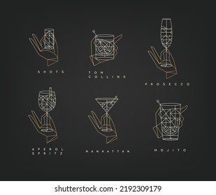 Set Of Hand Holding Drink Glasses Aperol Spritz, Shot, Tom Collins, Manhattan, Mojito, Prosecco In Art Deco Style On Black Background.