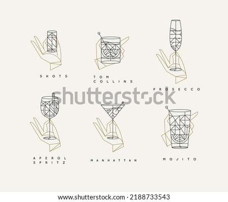 Set of hand holding drink glasses aperol spritz, shot, tom collins, manhattan, mojito, prosecco in art deco style.