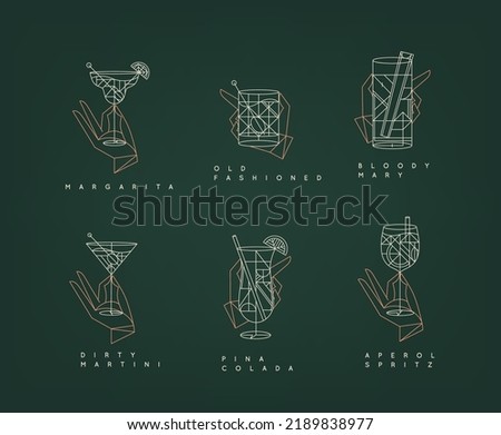Set of hand holding drink glasses margarita, old fashioned, bloody mary, pina colada, aperol spritz, dirty martini in art deco style on green background.