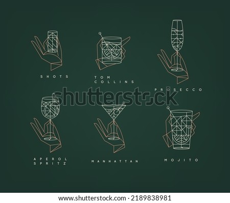 Set of hand holding drink glasses aperol spritz, shot, tom collins, manhattan, mojito, prosecco in art deco style on green background.