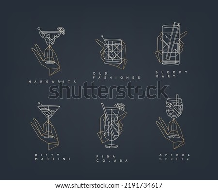 Set of hand holding drink glasses margarita, old fashioned, bloody mary, pina colada, aperol spritz, dirty martini in art deco style on blue background.