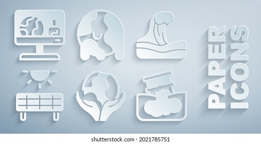 Set Hand holding Earth globe, Tsunami, Solar energy panel, Barrel oil leak, Global warming and Weather forecast icon. Vector
