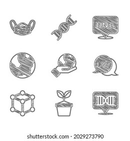 Set Hand holding Earth globe, Plant pot, DNA symbol, Bio healthy food, Molecule,  and Medical protective mask icon. Vector