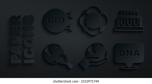Set Hand holding Earth globe, Test tube flask, Magnifying glass with, DNA symbol, Molecule and Bio healthy food icon. Vector